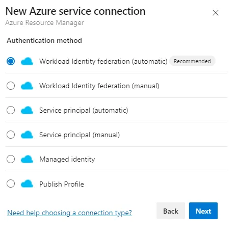 Azure DevOps New Service Connection Authentication Dialog