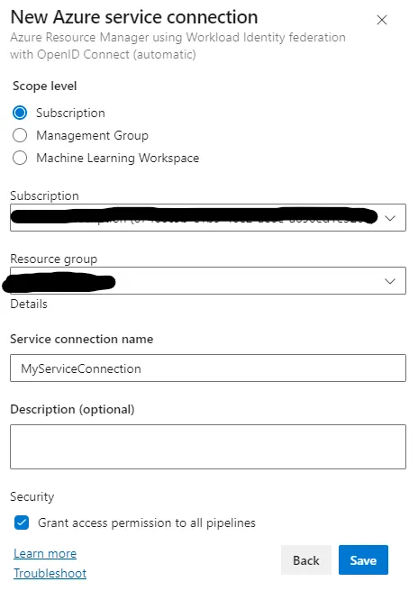 Azure DevOps New Service Connection Scope Dialog