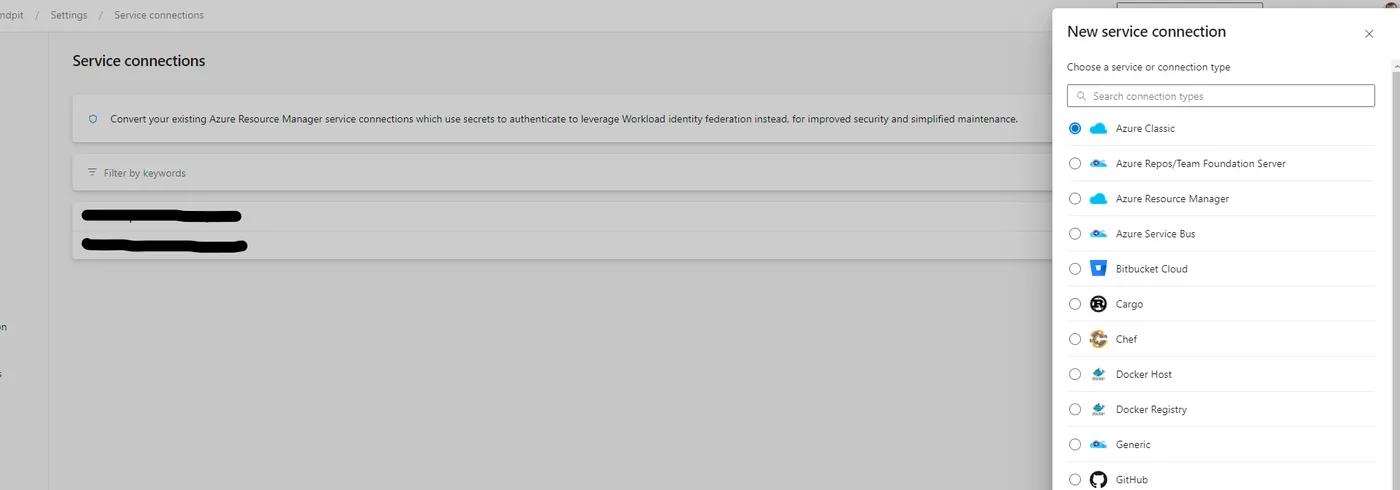 Azure DevOps New Service Connection Dialog