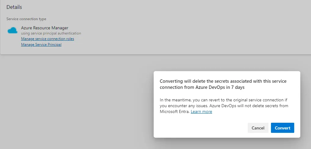 Azure DevOps Convert Service Connection to Workload Identity Federation Confirmation